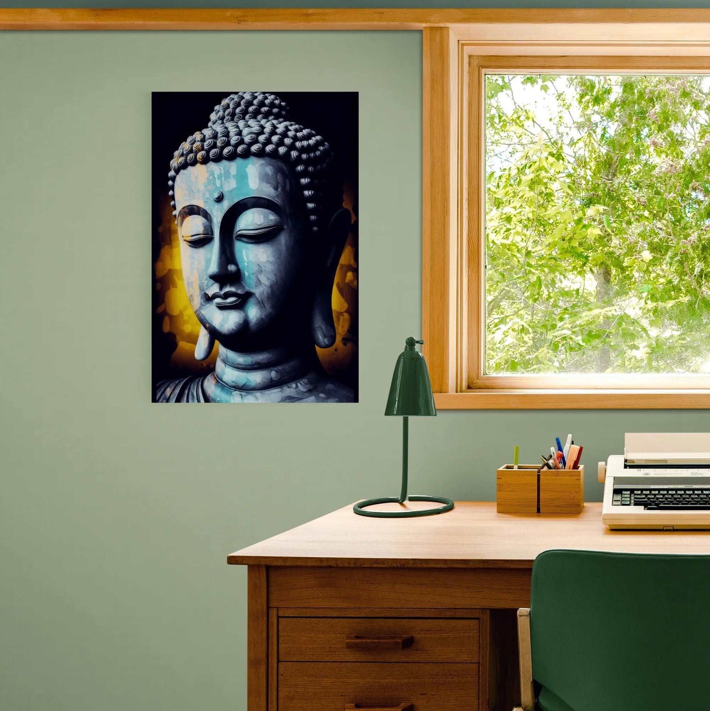 Serene office space featuring a grayscale Buddha portrait with a yellow bokeh effect, above a wooden desk with a typewriter and greenery outside the window.