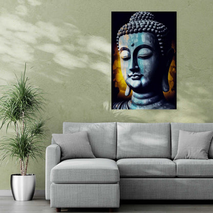 A cozy living room corner with a large grayscale Buddha portrait, bringing a sense of tranquility beside a modern gray sectional sofa and a tall potted plant.