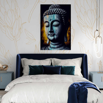 A grayscale Buddha painting with a yellow bokeh background complements a modern bedroom with a blue headboard, contrasting the monochromatic portrait with the room's vibrant accents.