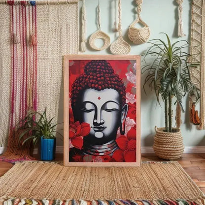 Buddha Framed Print: Bold Red, Zen Living Room – ZenArtBliss -ZenArtBliss