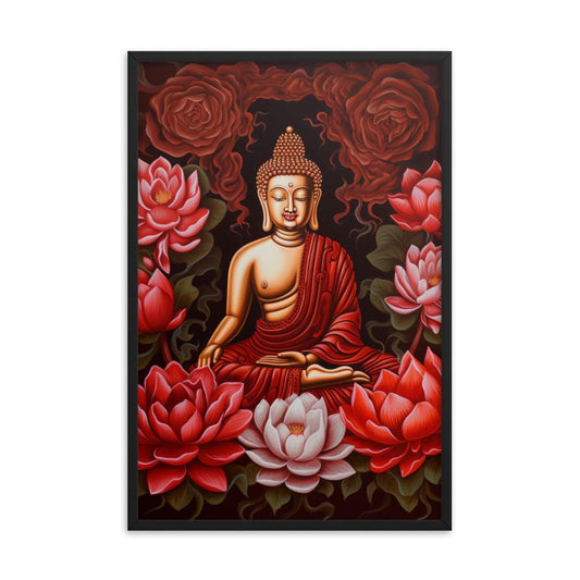 Buddha Framed Print: Golden Radiance, Lush Roses -ZenArtBliss