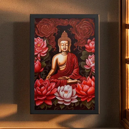 Buddha Framed Print: Golden Radiance, Lush Roses -ZenArtBliss