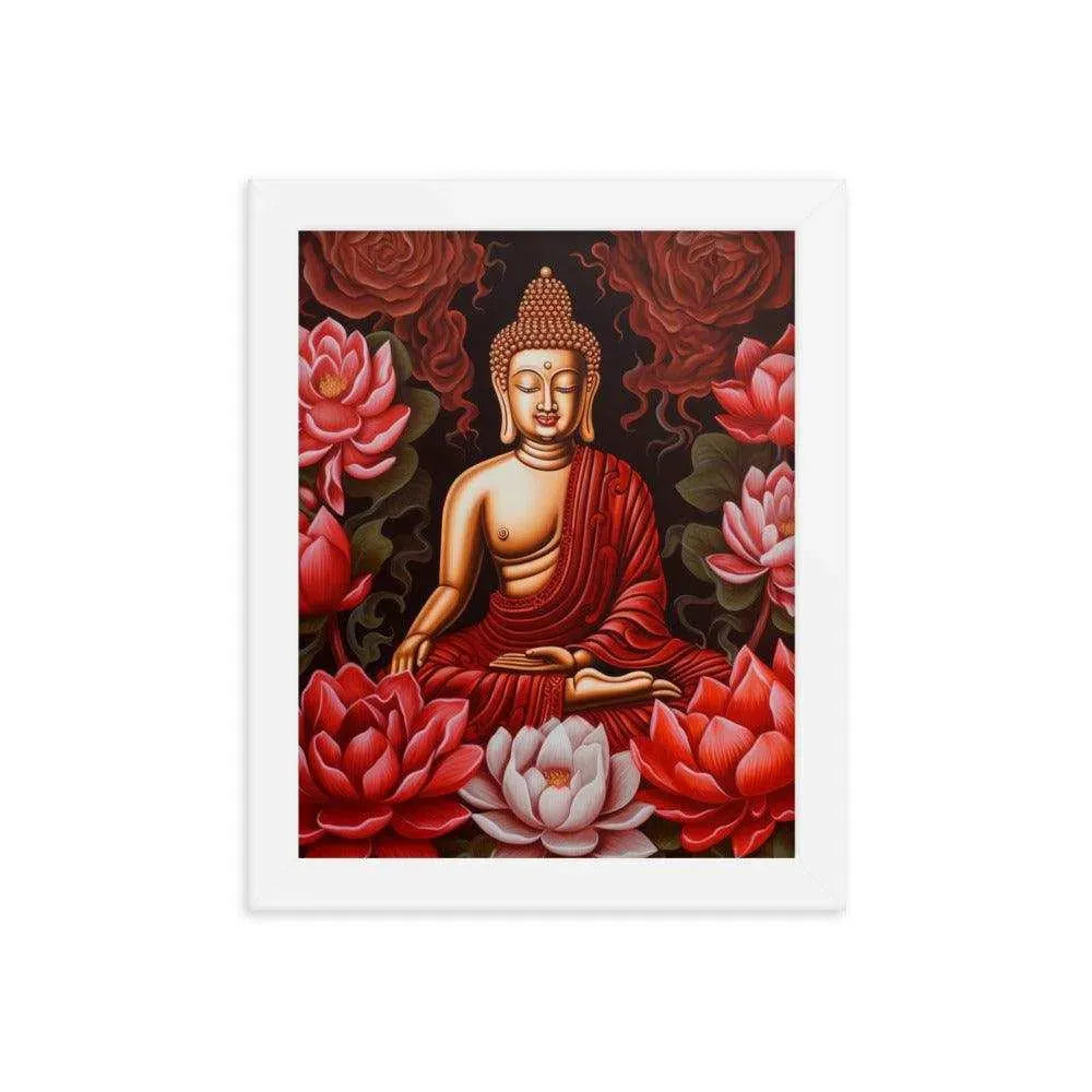 Buddha Framed Print: Golden Radiance, Lush Roses -ZenArtBliss