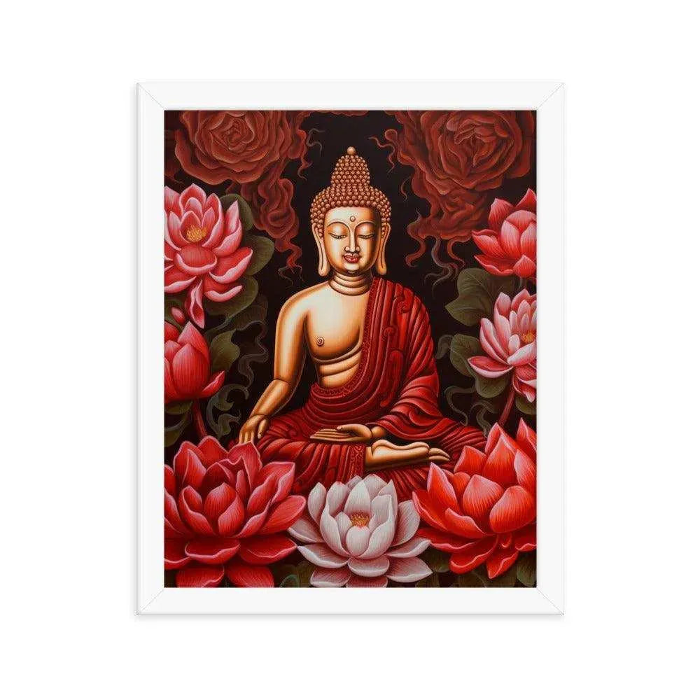 Buddha Framed Print: Golden Radiance, Lush Roses -ZenArtBliss