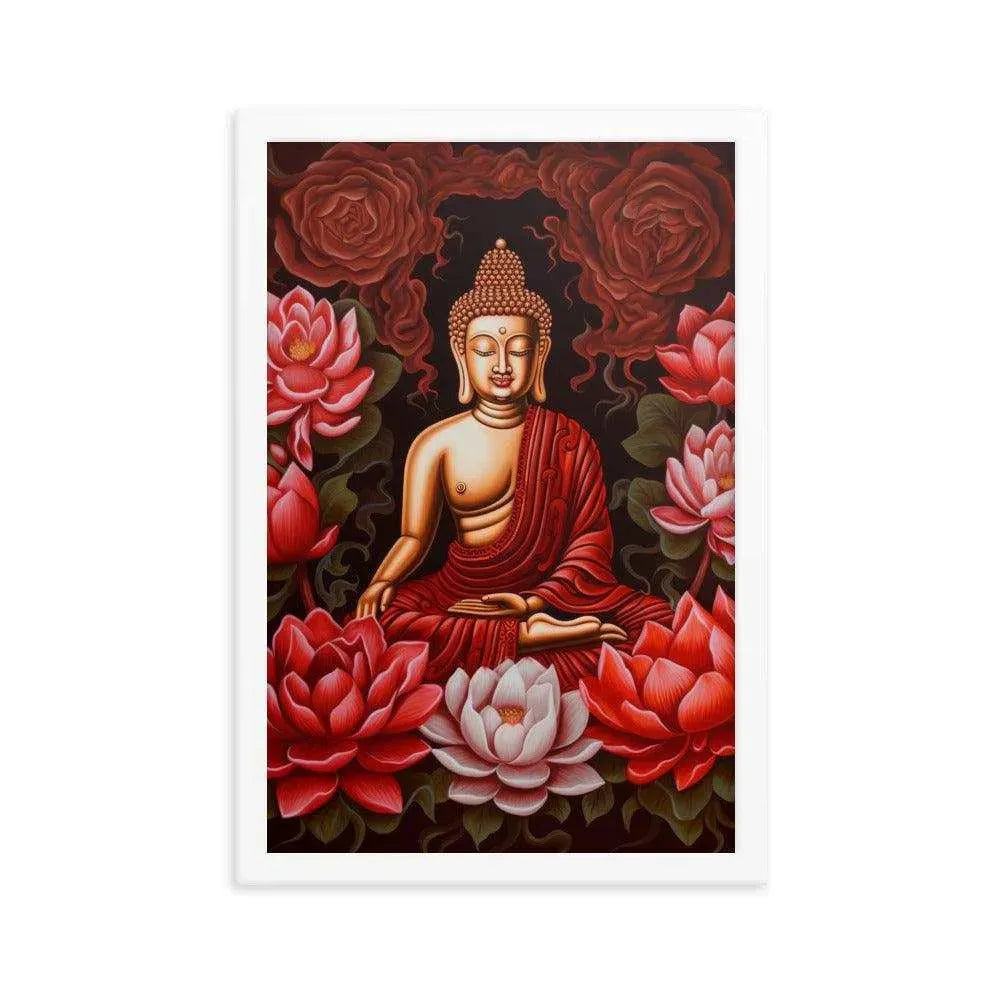 Buddha Framed Print: Golden Radiance, Lush Roses -ZenArtBliss