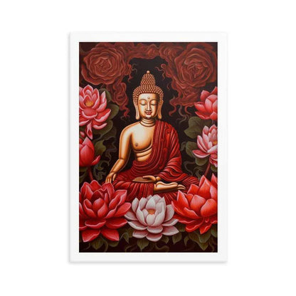 Buddha Framed Print: Golden Radiance, Lush Roses -ZenArtBliss