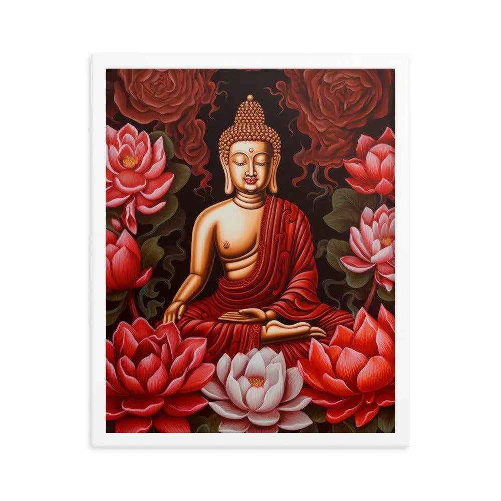 Buddha Framed Print: Golden Radiance, Lush Roses -ZenArtBliss