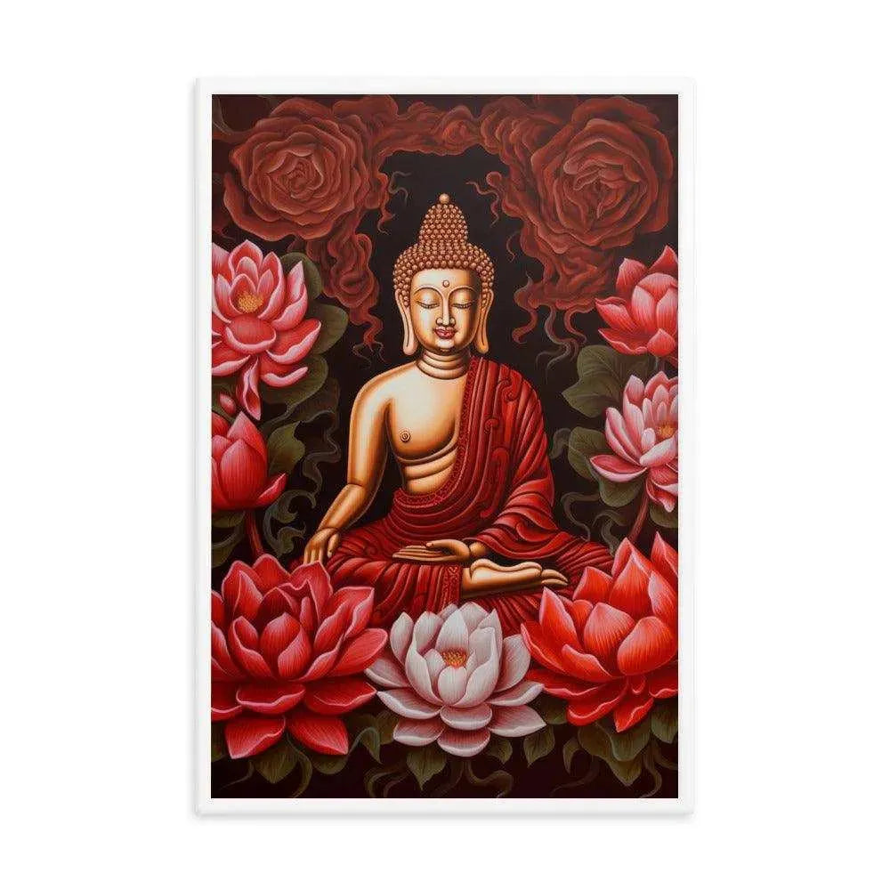 Buddha Framed Print: Golden Radiance, Lush Roses -ZenArtBliss