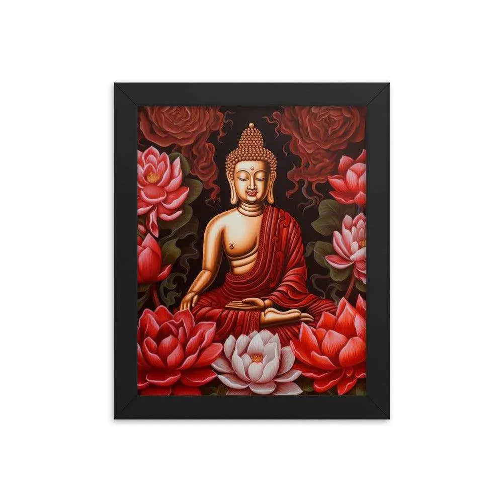 Buddha Framed Print: Golden Radiance, Lush Roses -ZenArtBliss