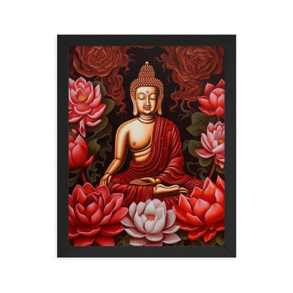 Buddha Framed Print: Golden Radiance, Lush Roses -ZenArtBliss