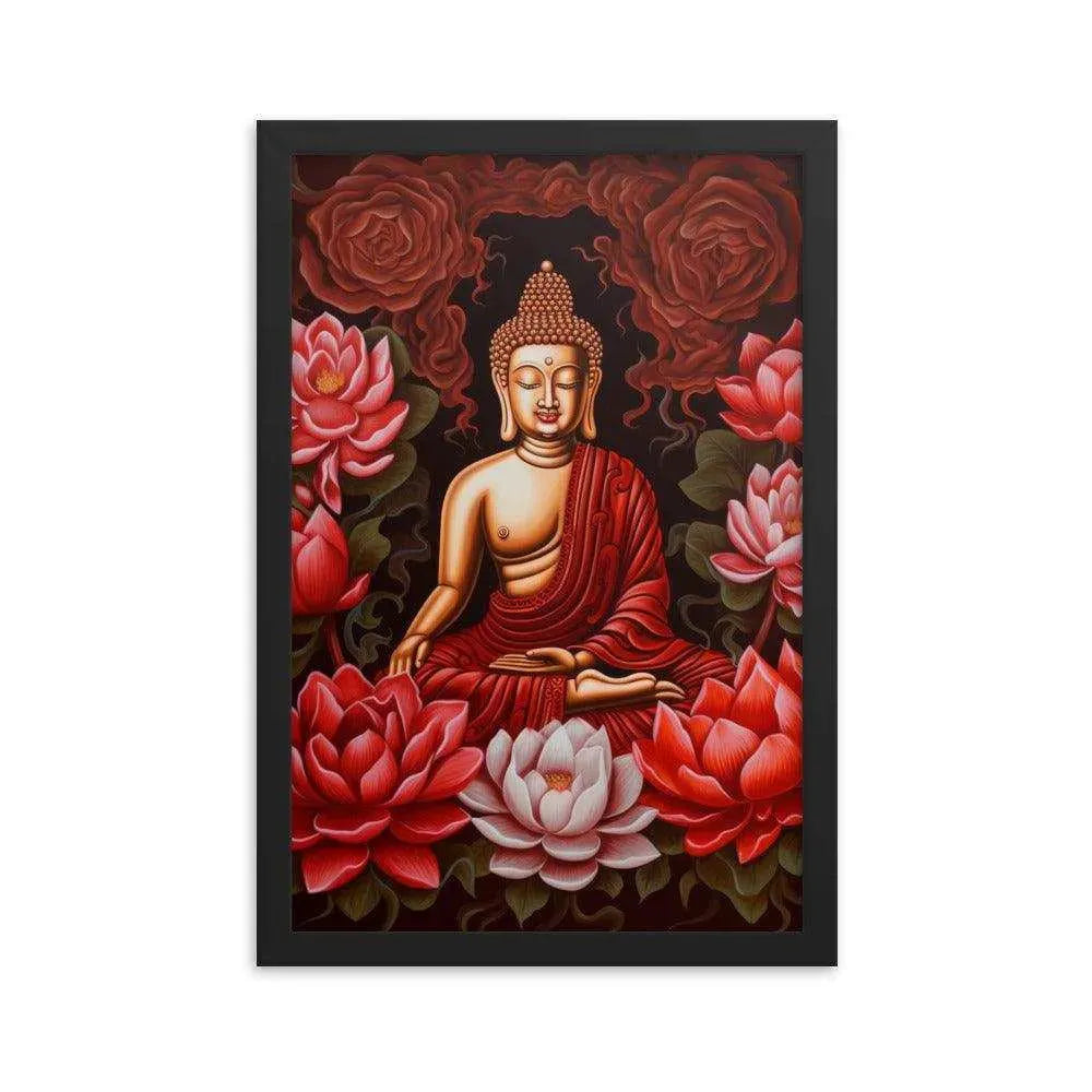 Buddha Framed Print: Golden Radiance, Lush Roses -ZenArtBliss