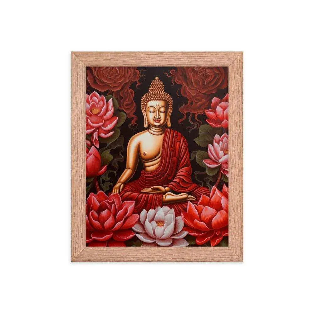 Buddha Framed Print: Golden Radiance, Lush Roses -ZenArtBliss