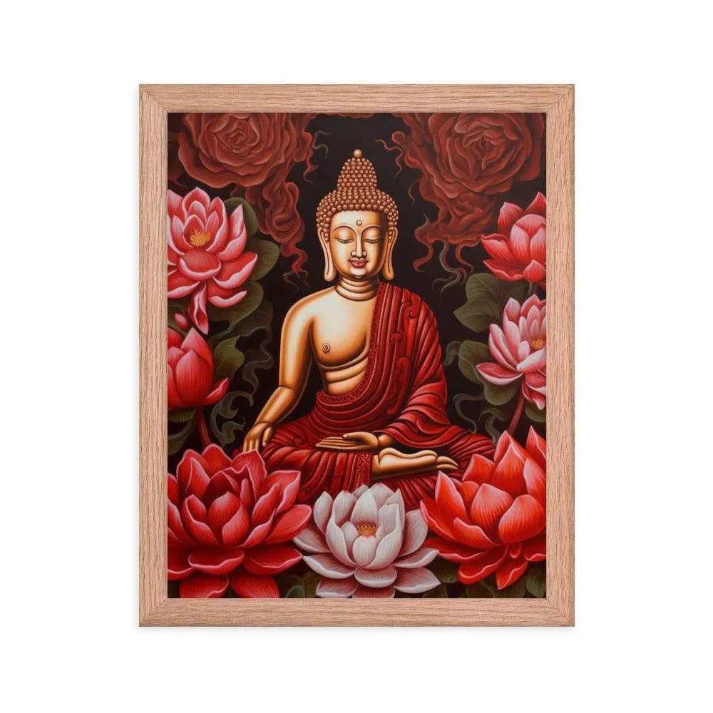 Buddha Framed Print: Golden Radiance, Lush Roses -ZenArtBliss