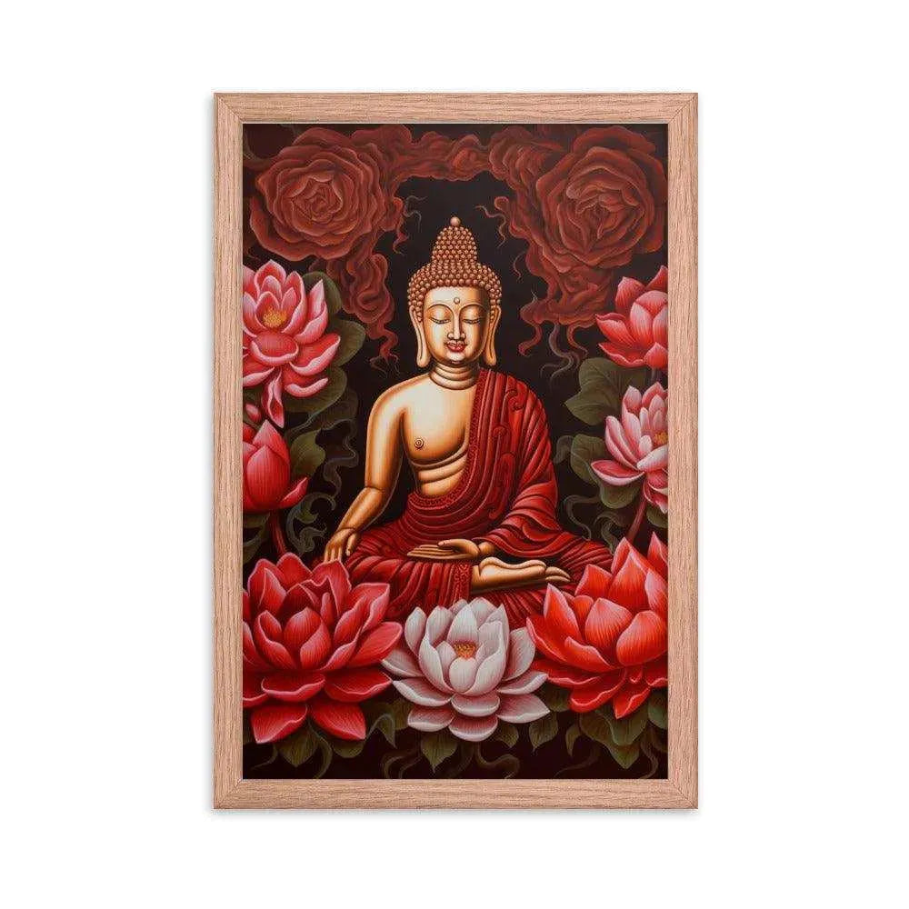 Buddha Framed Print: Golden Radiance, Lush Roses -ZenArtBliss