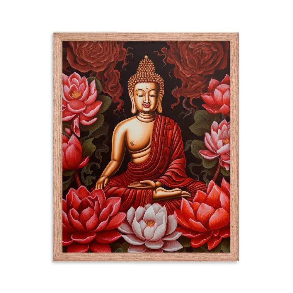 Buddha Framed Print: Golden Radiance, Lush Roses -ZenArtBliss