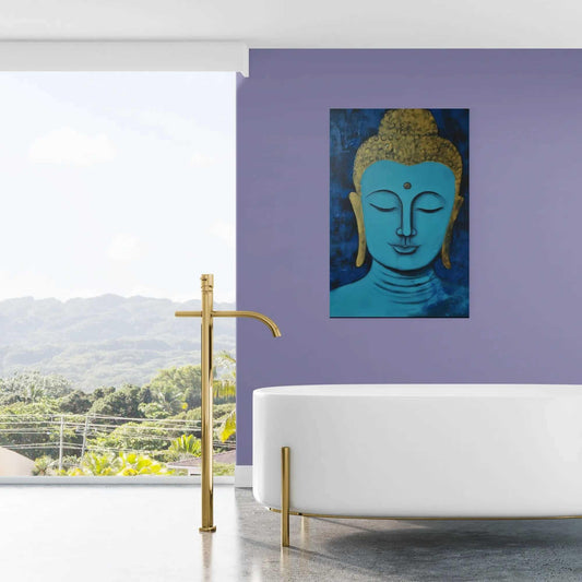 A tranquil Buddha painting on a deep blue backdrop enhances the serene ambiance of a modern bathroom with a freestanding white bathtub and mountain view.