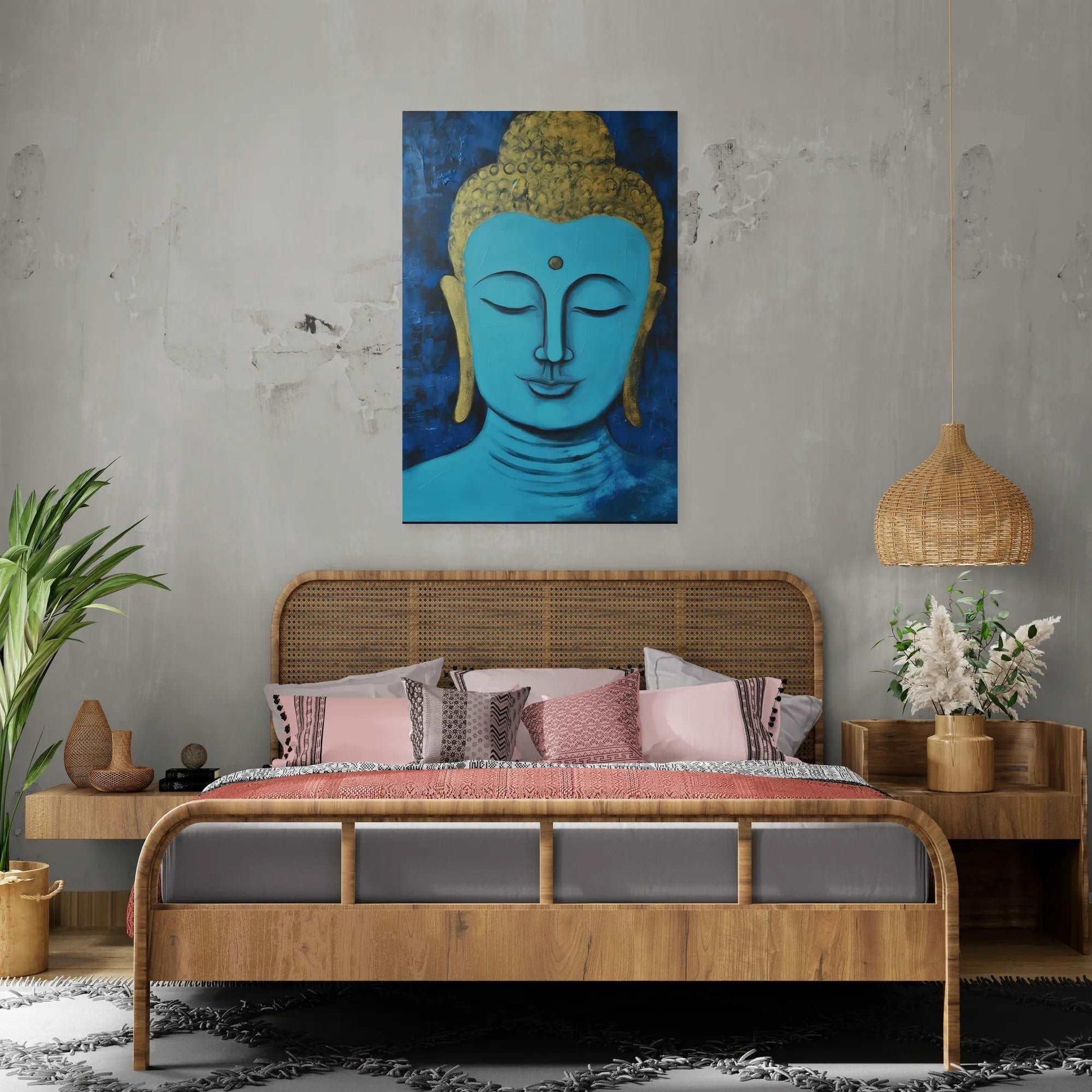 Buddha artwork above a rattan bed frame, accompanied by pink and gray pillows, blending tranquility with contemporary bedroom decor.