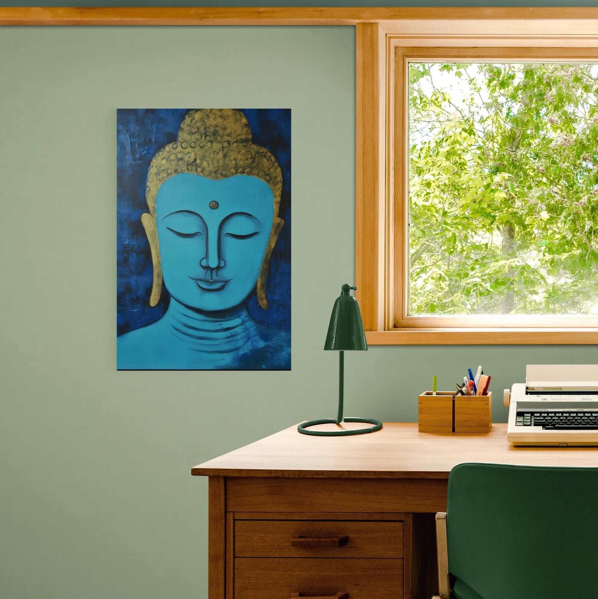 Calming blue Buddha painting on a green wall, complementing a home office space with a wooden desk, green chair, and typewriter.