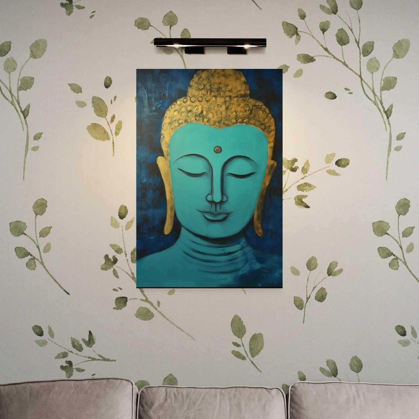 Buddha painting surrounded by green leaf motifs on a wall, providing a serene backdrop to a light-colored sofa in a living space