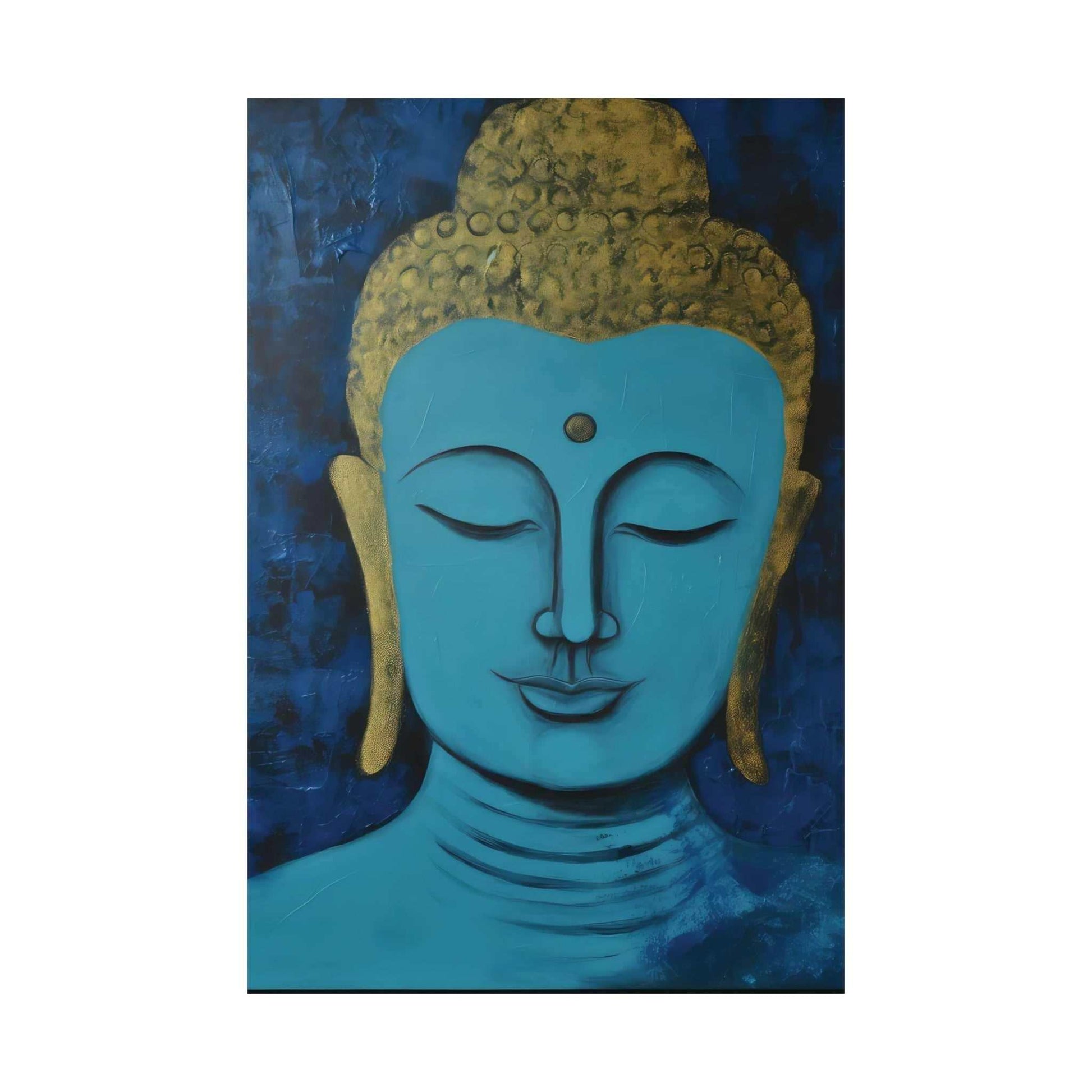 ZenArtBliss.com's Buddha in Art Oregon poster, featuring a serene Buddha head in blue and gold, encapsulating the essence of Oregon's peaceful spirit.