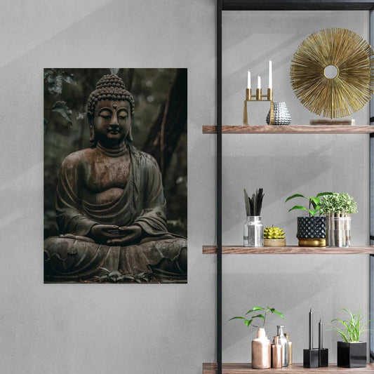 A meditative Buddha poster from ZenArtBliss.com, blending traditional Buddhist art styles with modern aesthetics, in muted greens and browns on matte paper.