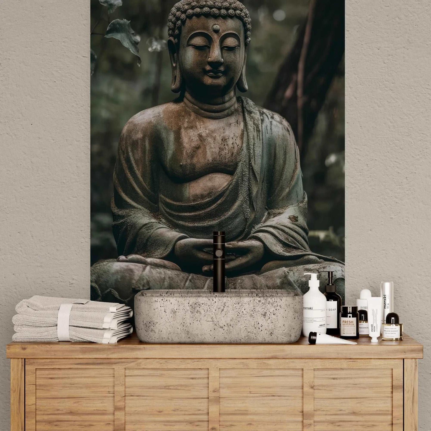 A meditative Buddha poster from ZenArtBliss.com, blending traditional Buddhist art styles with modern aesthetics, in muted greens and browns on matte paper.