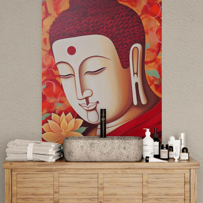 Buddha Japanese Art - Red Buddha with Lotus Poster -ZenArtBliss