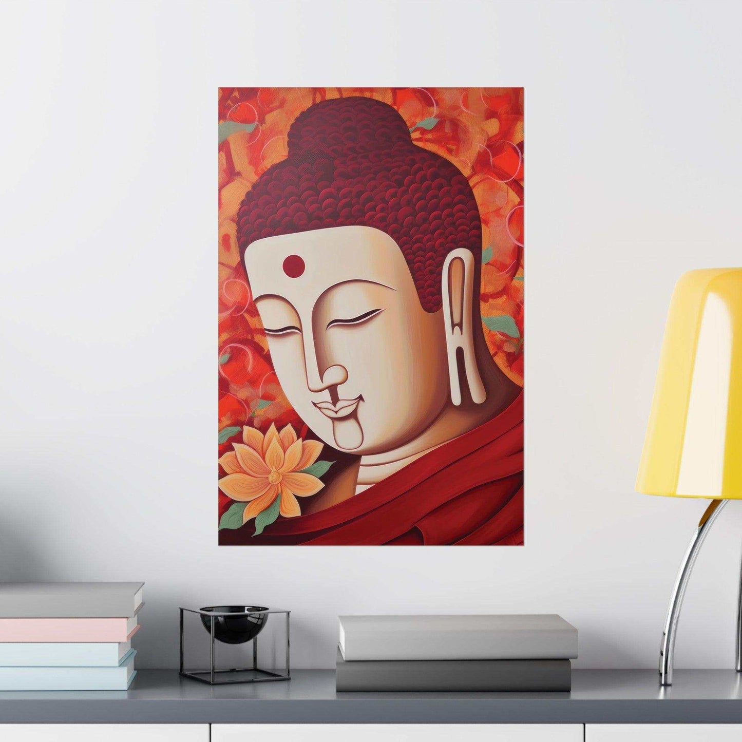 Buddha Japanese Art - Red Buddha with Lotus Poster -ZenArtBliss