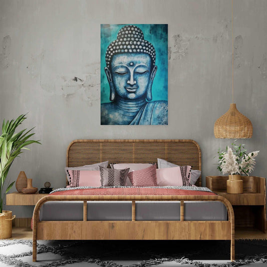 Serene bedroom setup with a rattan headboard, cozy bedding, and a blue and gold Buddha head painting, creating a tranquil ambiance.
