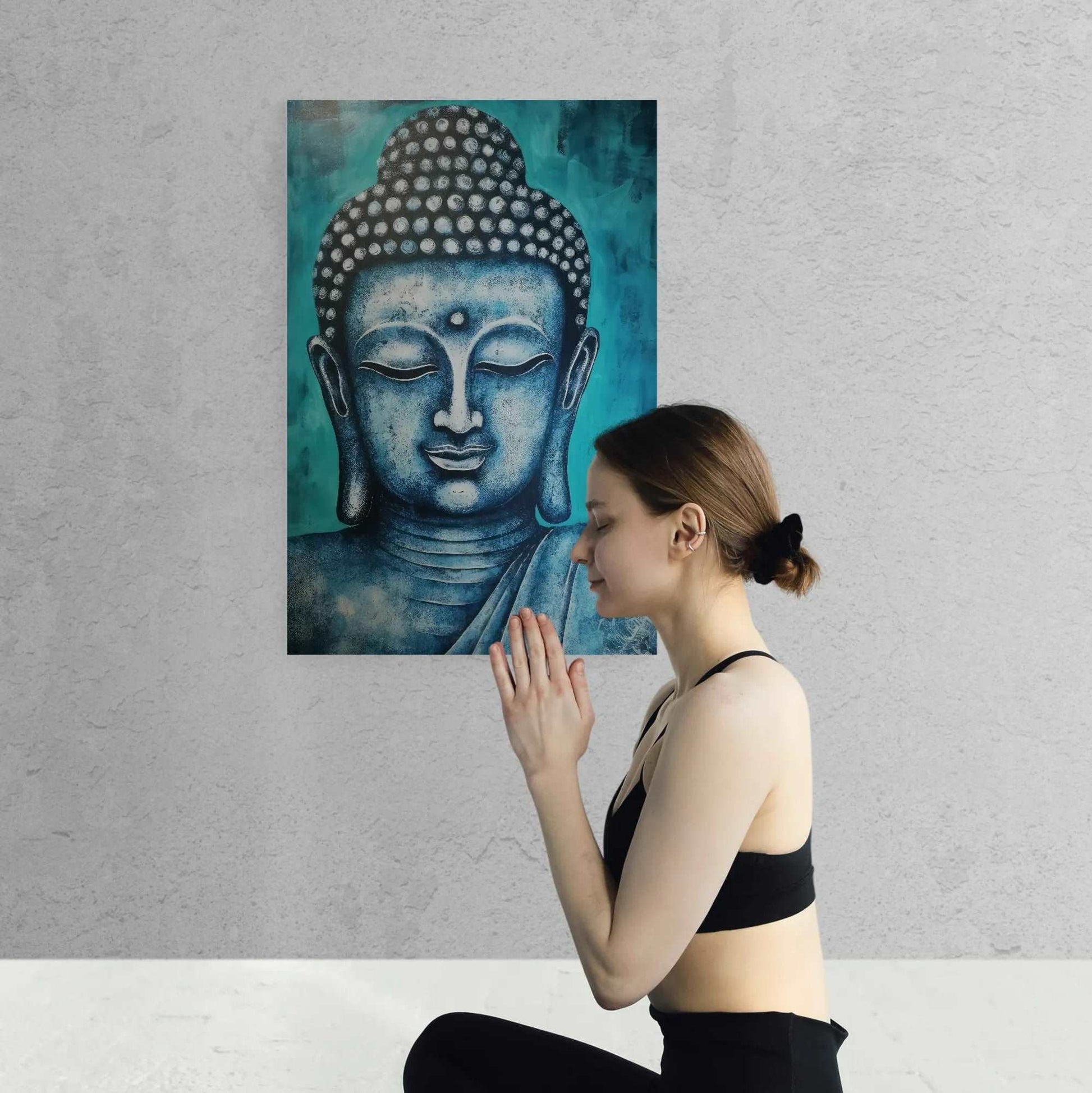 Woman in a meditative yoga pose with hands in prayer position, facing a calming blue and gold Buddha head painting on a simple white wall.