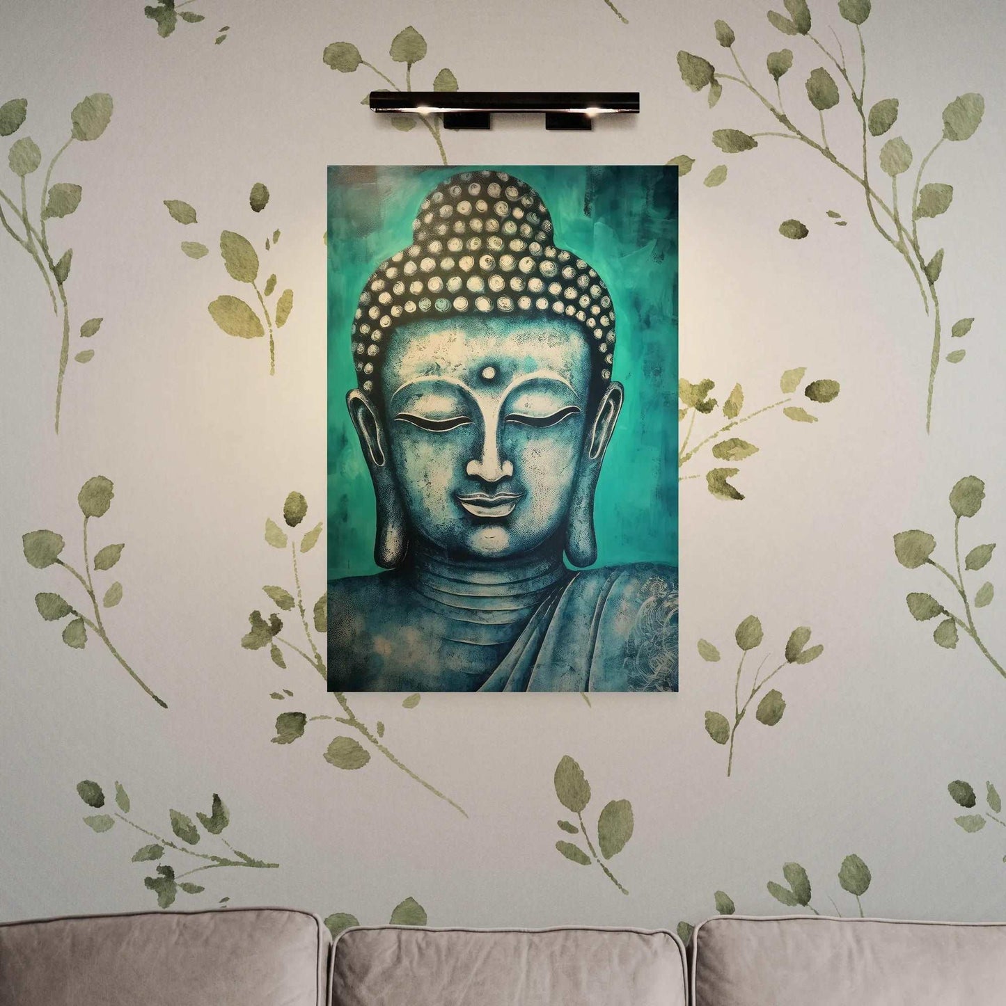 Cozy living space with leaf-patterned wallpaper and a comfortable gray sofa, adorned with a blue and gold Buddha head painting and elegant wall lighting