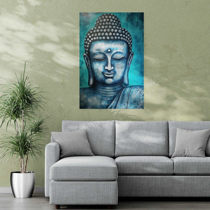 Inviting living room with a modern gray sectional sofa, textured wall, potted plant, and a blue and gold Buddha head painting adding a touch of serenity.