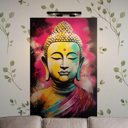 A vividly painted Buddha portrait on a leaf-patterned wall, lending a vibrant and meditative focal point to a minimalist living space with a gray sofa.