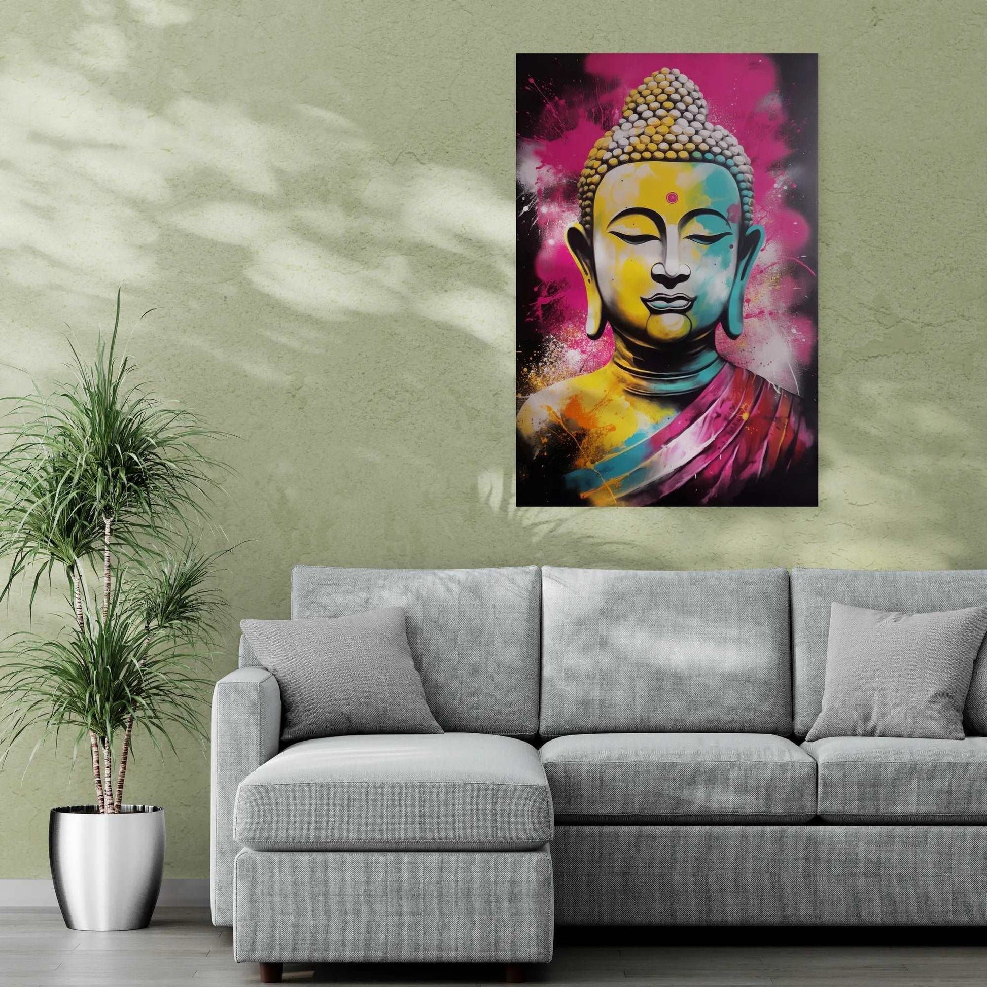 A contemporary Buddha portrait with a fusion of purple and yellow hues on a living room wall, complementing a gray sofa and a potted palm, adding a touch of modern spirituality to the decor.