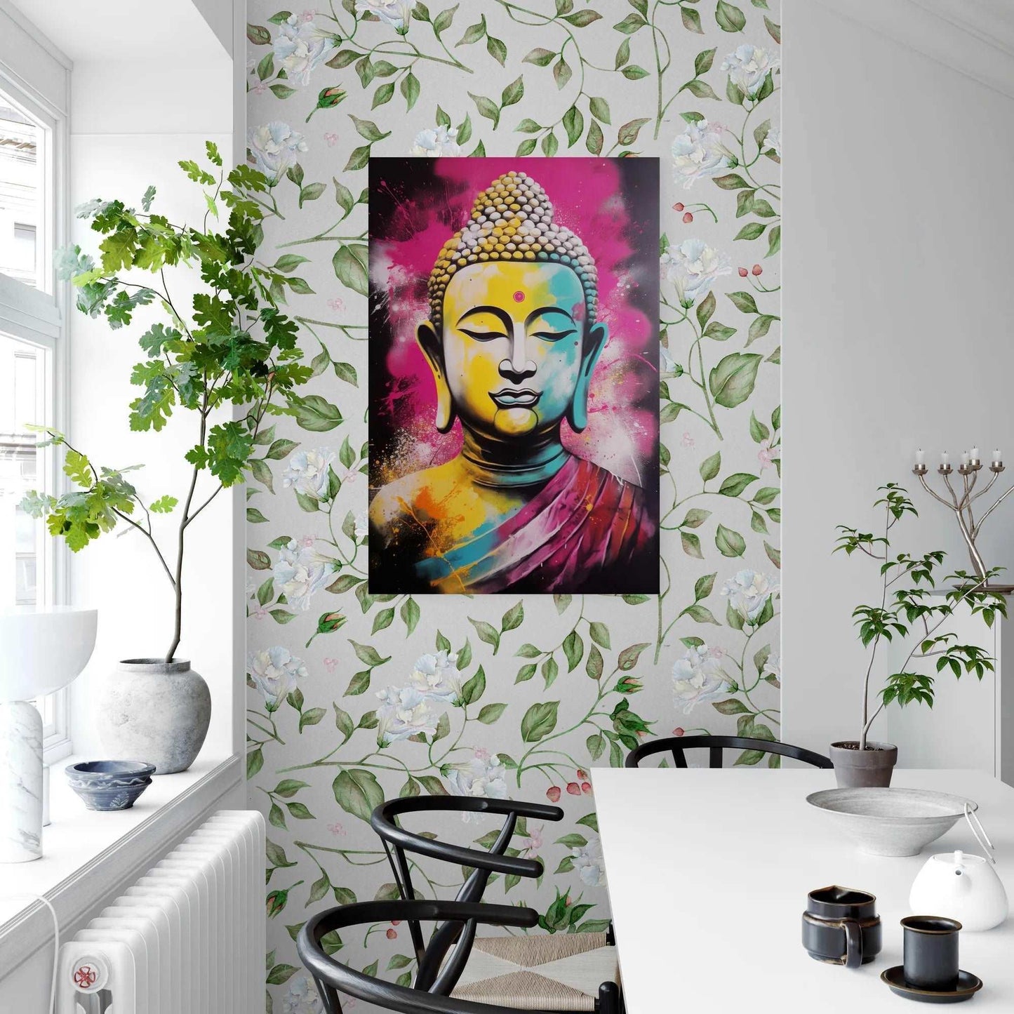 Buddha painting with a blend of striking colors against a floral wallpaper, enhancing the peaceful and stylish atmosphere of a dining area with natural light.