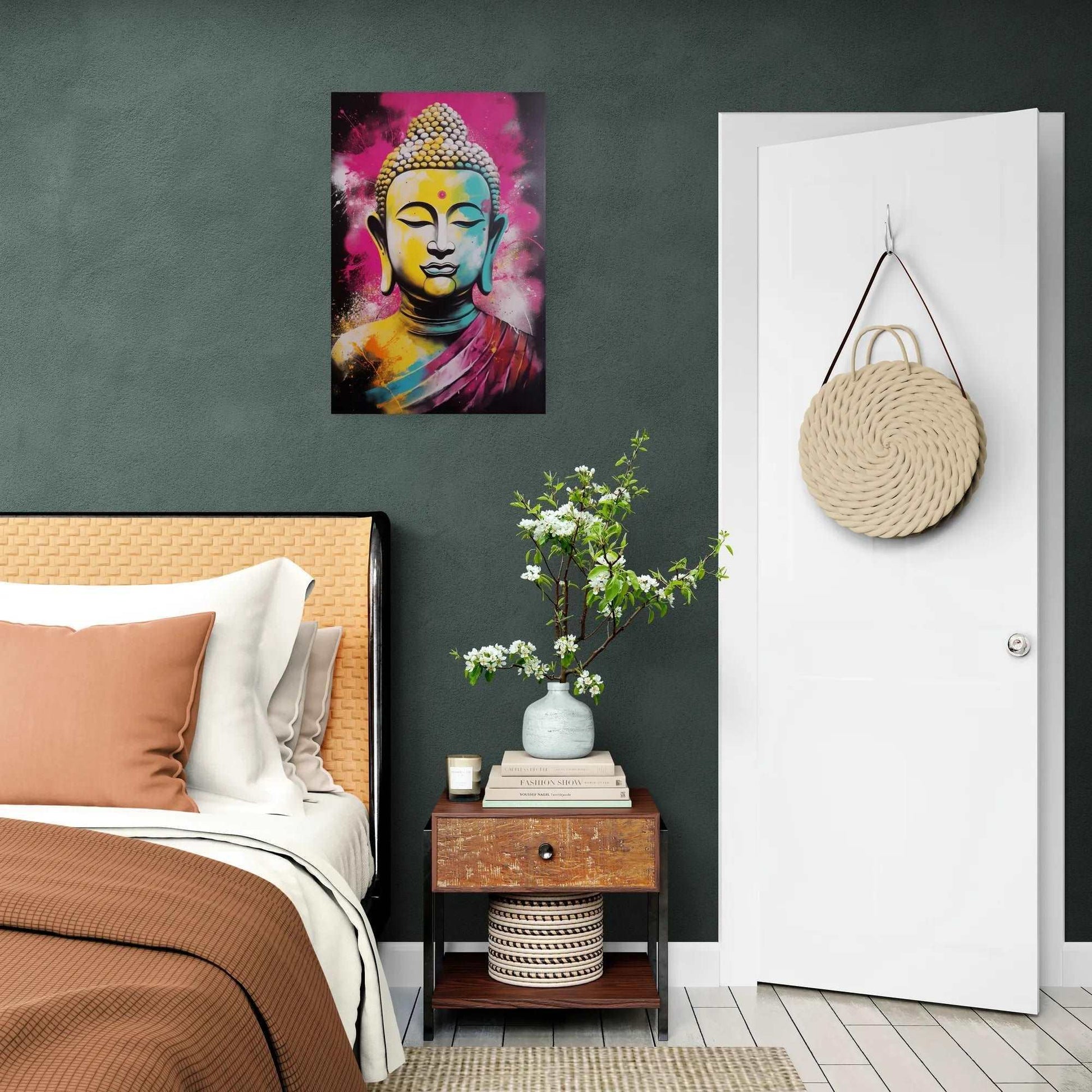 A colorful Buddha artwork adorning a dark green wall in a bedroom, adding an artistic and serene presence next to a rustic nightstand with fresh flowers.