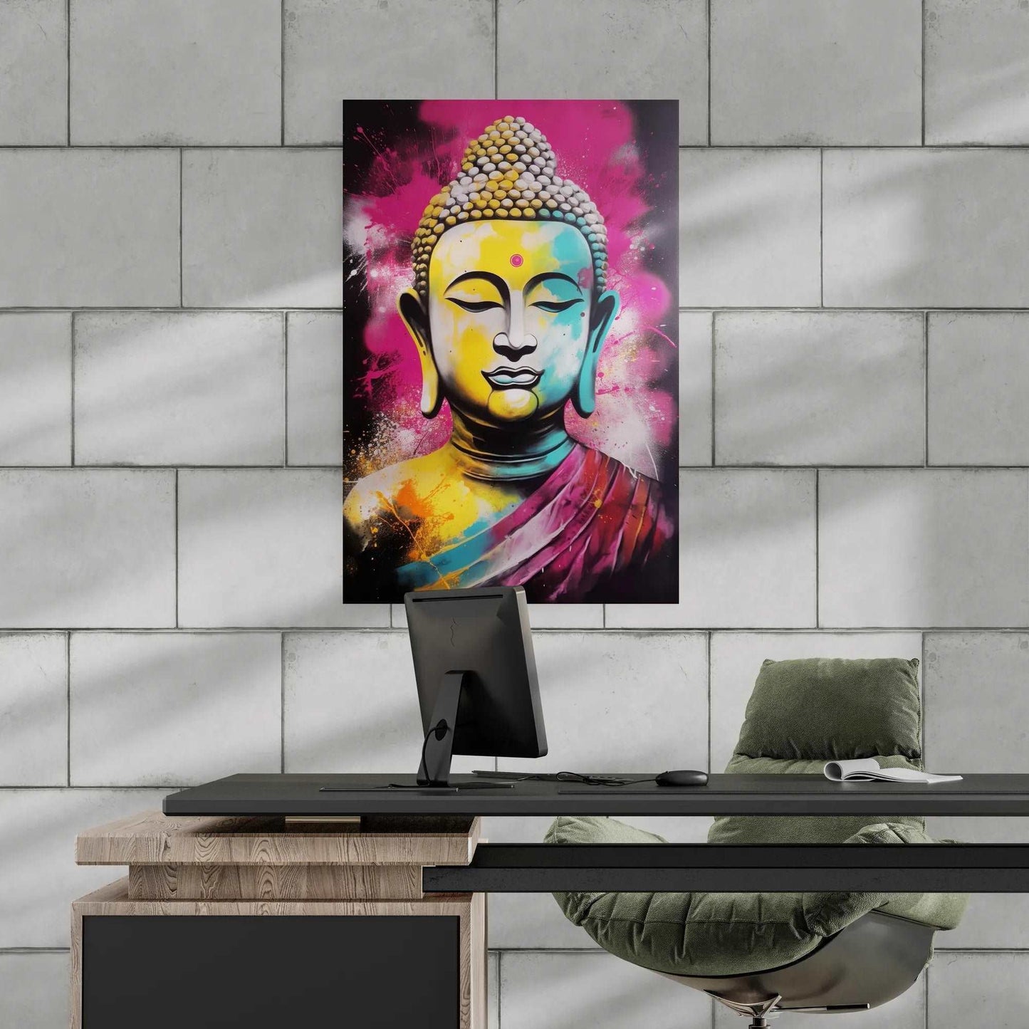 Modern workspace featuring a vibrant Buddha painting on a white brick wall, adding an inspiring and artistic touch to a minimalist office setup with a green chair.