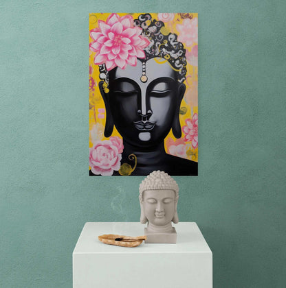 Buddha painting with floral accents brings a touch of Zen to a serene corner featuring a Buddha head sculpture and incense.