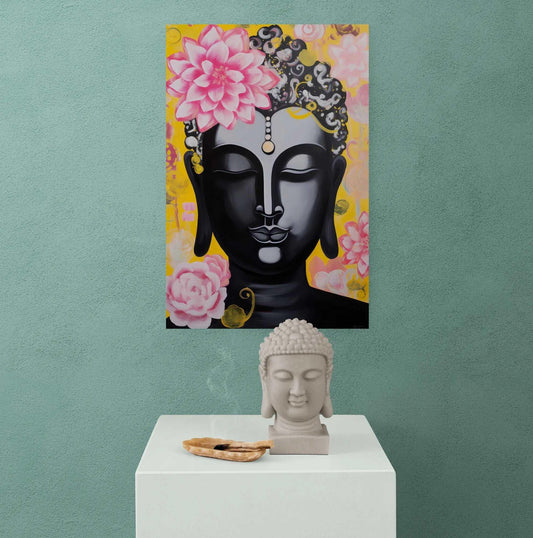 Buddha painting with floral accents brings a touch of Zen to a serene corner featuring a Buddha head sculpture and incense.