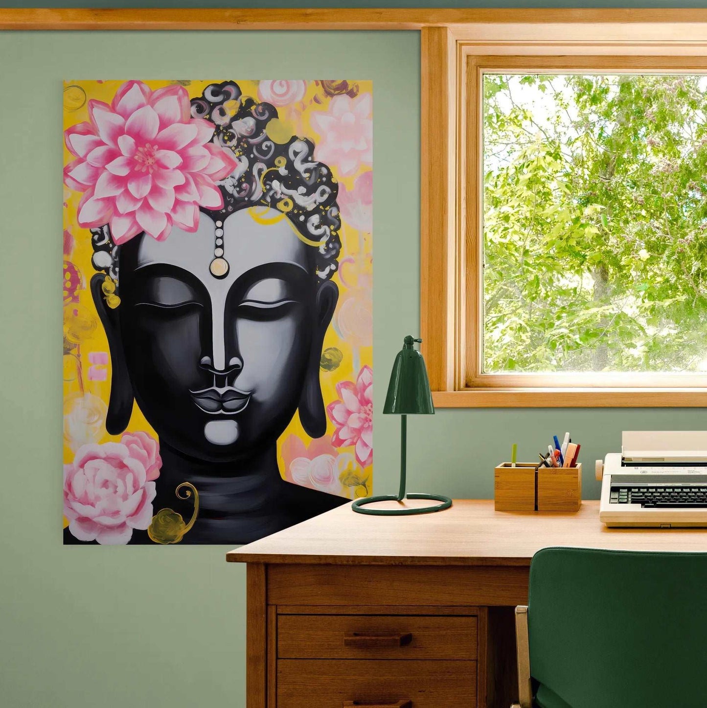 Home office setting with a Buddha painting adorned with pink flowers and a yellow backdrop, infusing the space with tranquility and color.