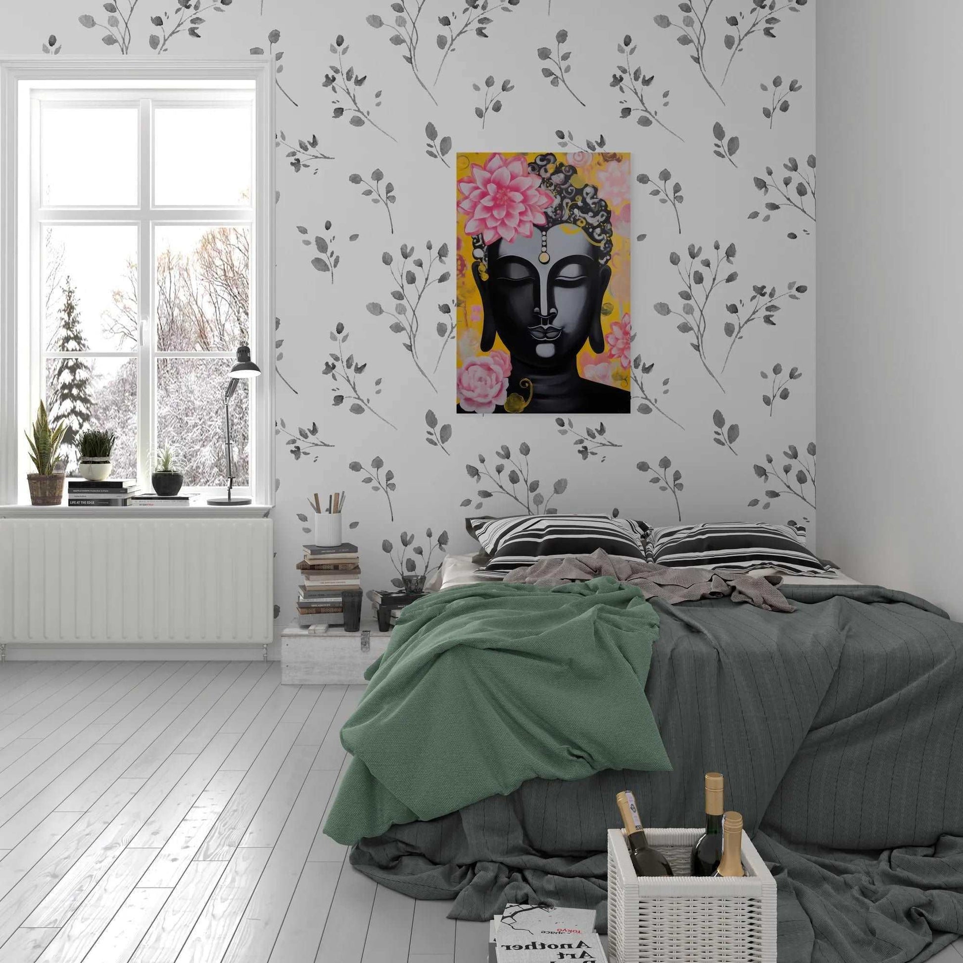 Bedroom with botanical wallpaper complemented by a Buddha painting with pink flowers, creating a tranquil retreat.