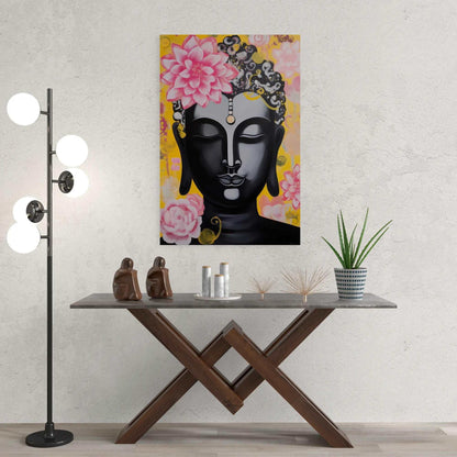 Contemporary entryway with a striking Buddha painting accented by pink flowers against a yellow background, setting a welcoming tone.