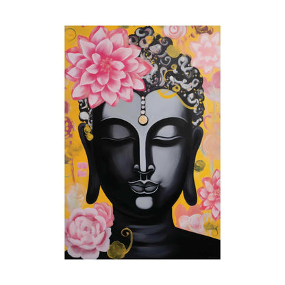 ZenArtBliss.com's Buddha Poster Tennessee showcasing a black Buddha Head with pink lotuses, blending tradition with a modern twist on premium matte paper.