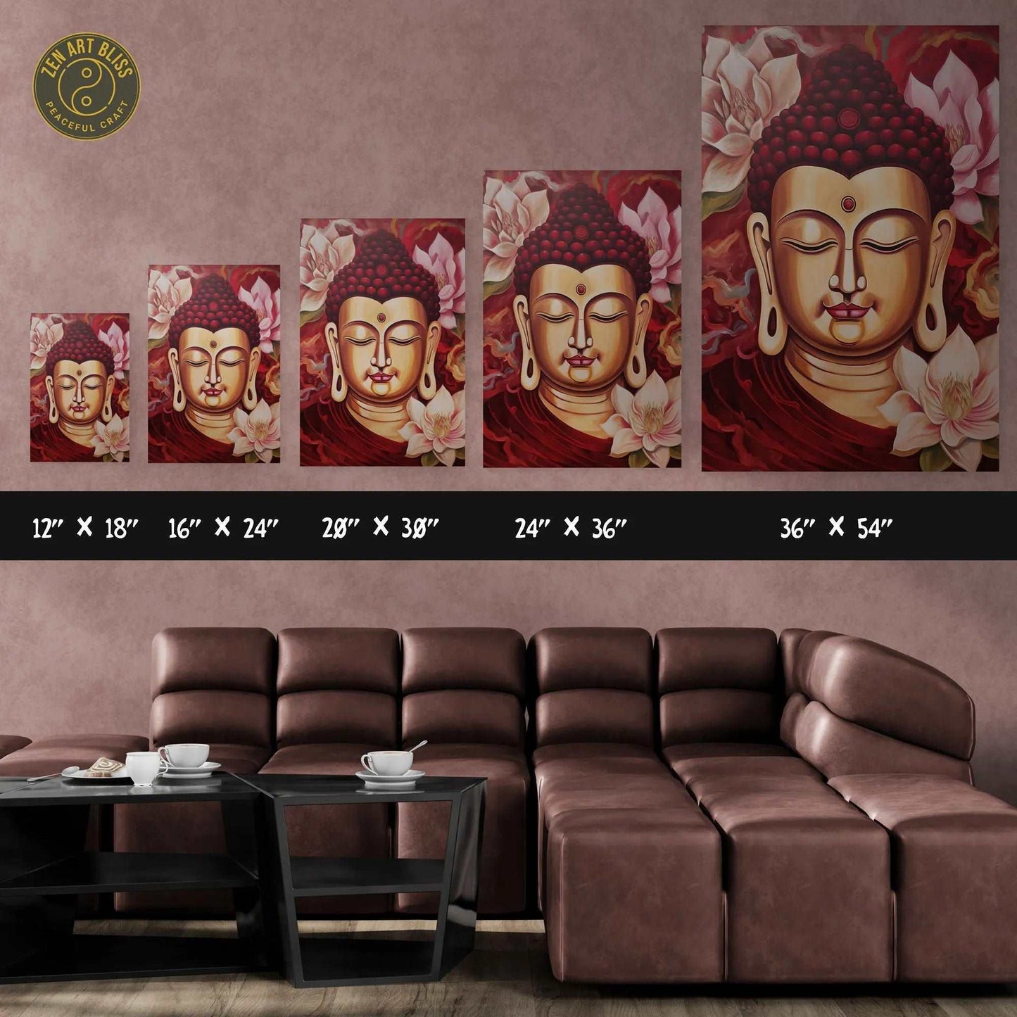 ZenArtBliss.com's Buddha Poster Tennessee showcasing a black Buddha Head with pink lotuses, blending tradition with a modern twist on premium matte paper.
