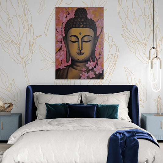 Serene Buddha painting with pink cherry blossoms on a warm background, hanging over a blue bed with silk pillows and a draped sapphire velvet throw, creating a peaceful bedroom ambiance