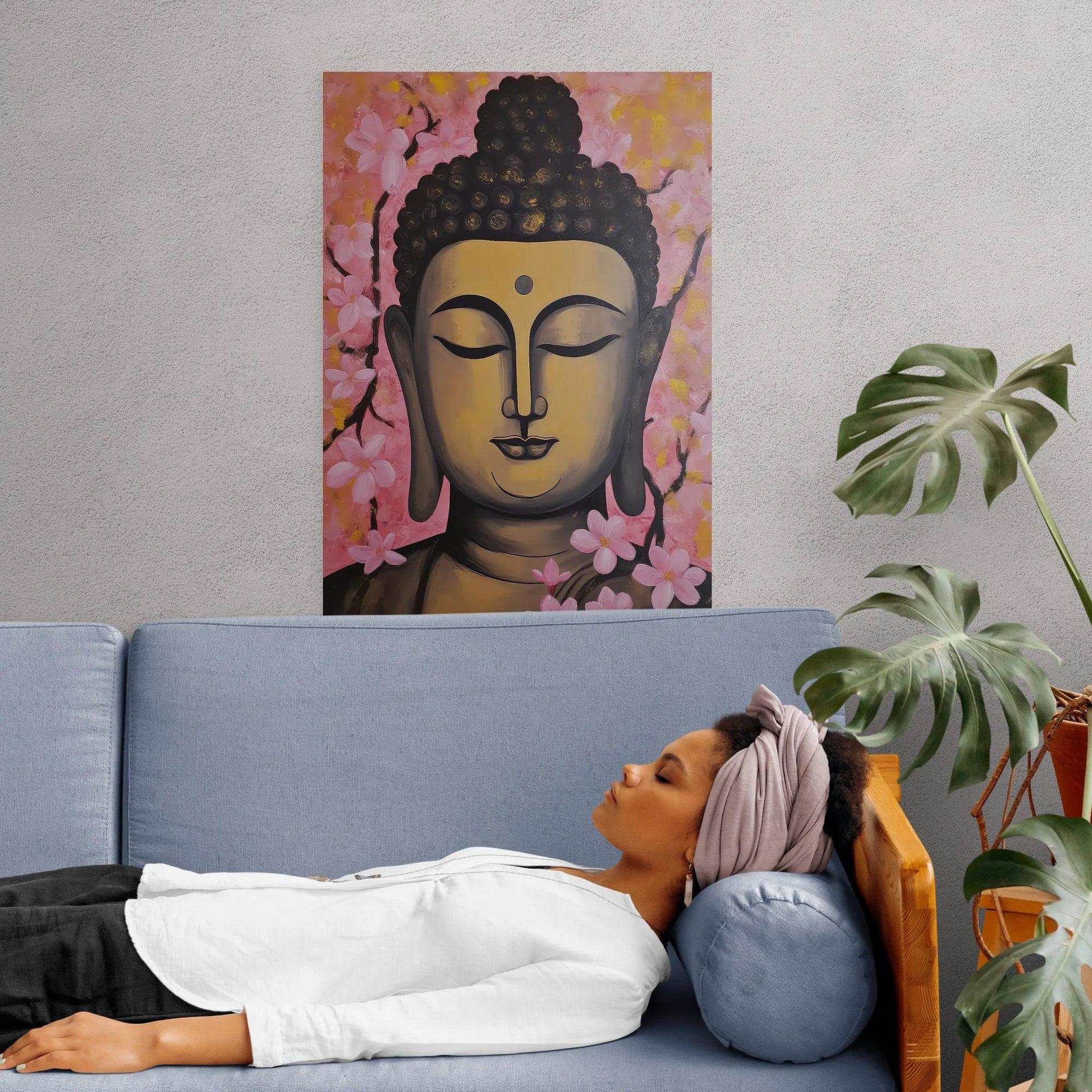Tranquil Buddha painting with soft pink cherry blossoms on a yellow backdrop, adorning a living room wall above a relaxing woman lying on a blue sofa, with a lush green plant beside her, evoking a calming and meditative space.