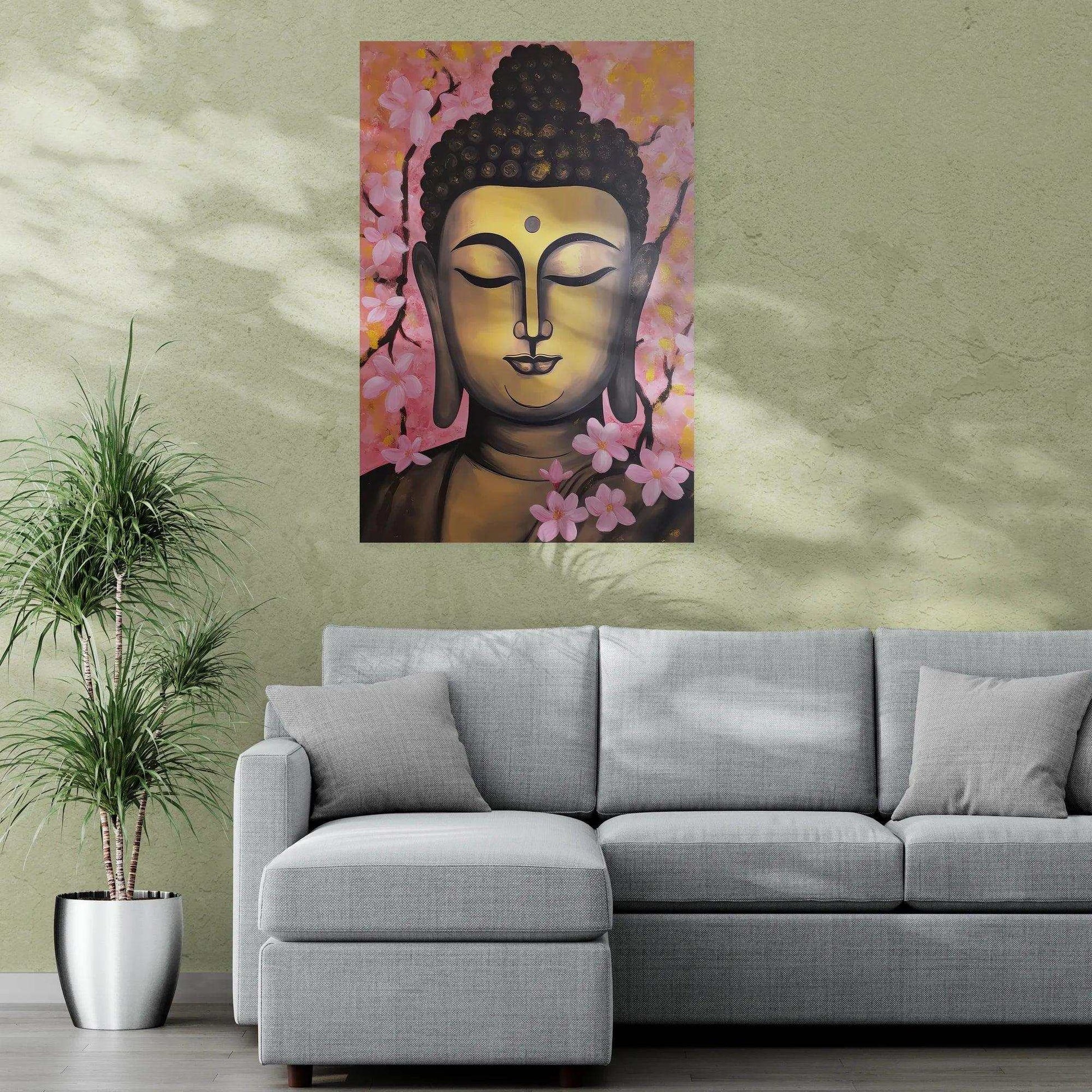 Warm-toned Buddha painting with a serene expression, framed by delicate pink cherry blossoms, creating a focal point above a gray sectional sofa in a room with a textured wall and a tall potted plant, contributing to a peaceful and harmonious decor.