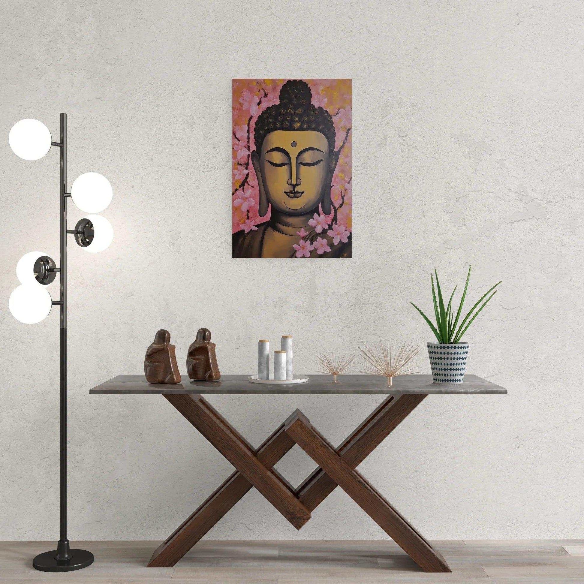 Contemporary space with a calming Buddha painting adorned with pink blossoms on a textured white wall, flanked by a stylish floor lamp with spherical bulbs, above a dark wood console table with decorative items and a potted plant, creating a balanced and tranquil ambiance.