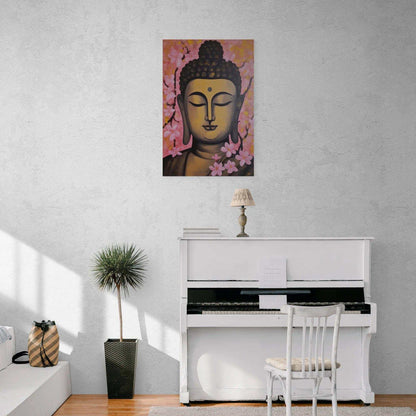 A serene Buddha painting featuring soft pink cherry blossoms against a warm backdrop is mounted on a white textured wall above a white piano, complemented by a vintage lamp and a tall green plant in a woven pot, infusing the room with a peaceful, artistic vibe."