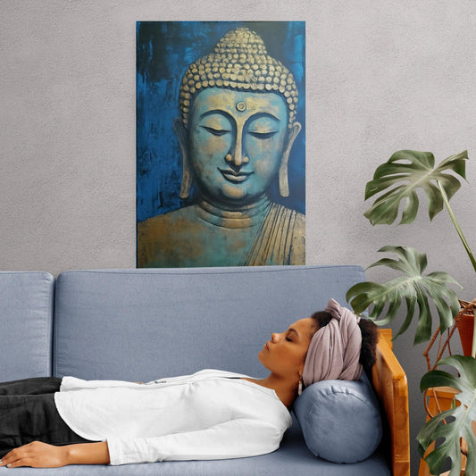 A peaceful blue and gold Buddha artwork adorns the wall in a relaxing lounge area, where a woman rests on a comfortable sofa, creating a tranquil space for rest and meditation, complemented by the lush indoor plant life.